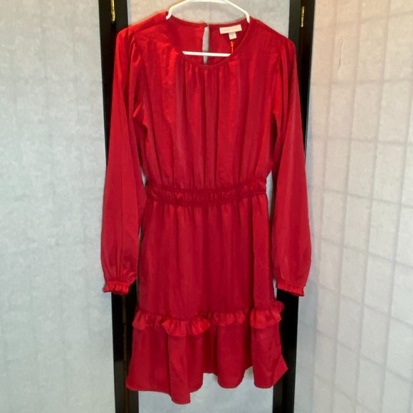 Knox Rose Dresses & Skirts - Knox Rose Red Satin Ruffled XS Mini Dress Gathered Scoop Neck Long Sleeve NEW